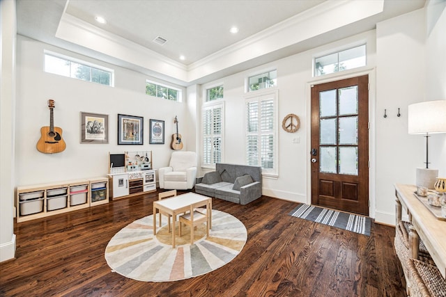 1035 Waverly St Unit B, Houston, TX 77008 - living area with crown molding, wood finished floors, a tray ceiling, recessed lighting, and a high ceiling