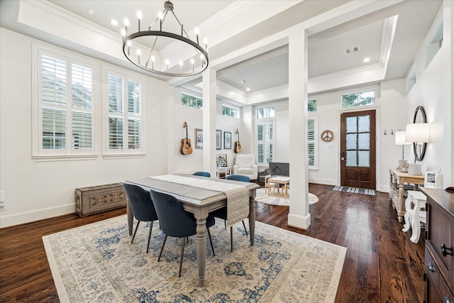 1035 Waverly St Unit B, Houston, TX 77008 - dining space featuring a tray ceiling, crown molding, a chandelier, dark wood-style flooring, and recessed lighting