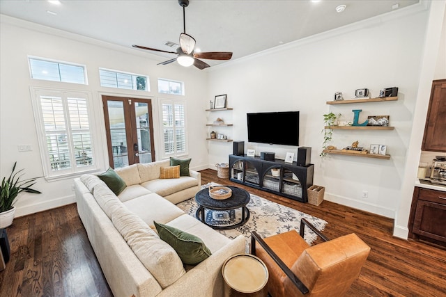 1035 Waverly St Unit B, Houston, TX 77008 - living room with ceiling fan, dark wood-style flooring, ornamental molding, and french doors