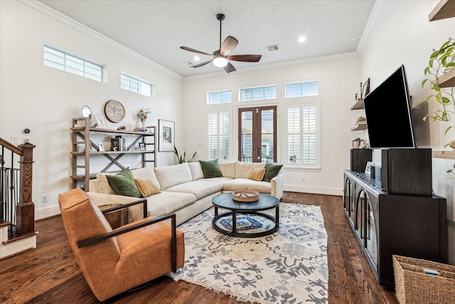 1035 Waverly St Unit B, Houston, TX 77008 - living room featuring ornamental molding, ceiling fan, dark wood-type flooring, recessed lighting, and french doors