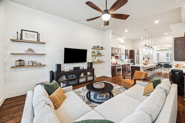 1035 Waverly St Unit B, Houston, TX 77008 - living area with dark wood-style floors, a ceiling fan, crown molding, and recessed lighting