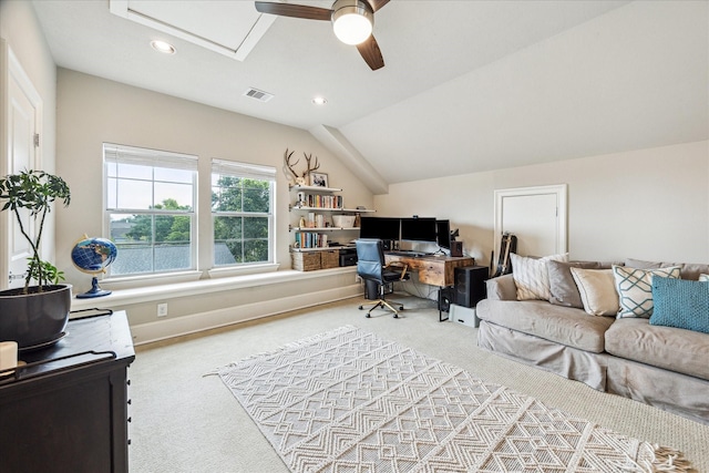 1035 Waverly St Unit B, Houston, TX 77008 - carpeted office featuring ceiling fan, recessed lighting, and vaulted ceiling