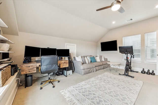 1035 Waverly St Unit B, Houston, TX 77008 - home office featuring carpet floors, ceiling fan, lofted ceiling, and recessed lighting