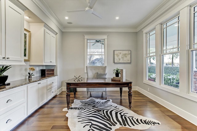 2317 Ashland St, Houston, TX 77008 - office area with ceiling fan, plenty of natural light, dark wood-style flooring, ornamental molding, and recessed lighting