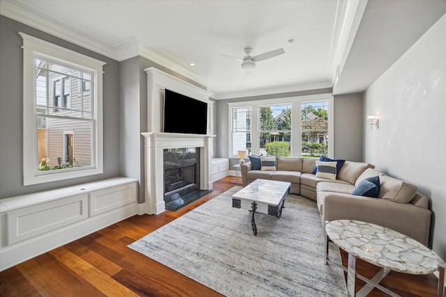 2317 Ashland St, Houston, TX 77008 - living area with dark wood-style floors, ornamental molding, a ceiling fan, and a high end fireplace