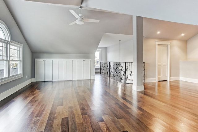 2317 Ashland St, Houston, TX 77008 - bonus room featuring a ceiling fan, wood finished floors, high vaulted ceiling, and recessed lighting