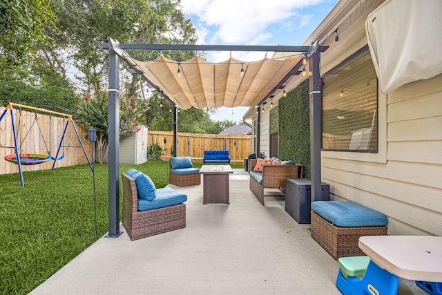 2715 Lexington Park Dr, Spring, TX 77373 - fenced backyard featuring outdoor lounge area, a patio area, a storage shed, and a trampoline