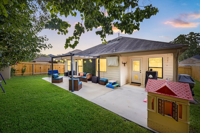 2715 Lexington Park Dr, Spring, TX 77373 - back of house at dusk with an outdoor hangout area, a fenced backyard, roof with shingles, a patio, and a pergola