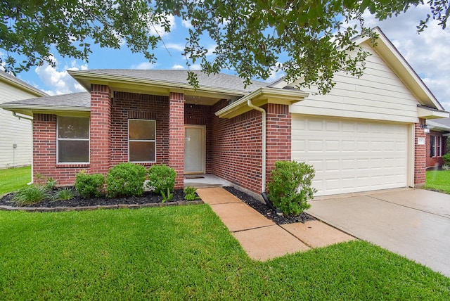 2715 Trinity Glen Ln, Houston, TX 77047 - single story home with brick siding, an attached garage, driveway, a front yard, and roof with shingles