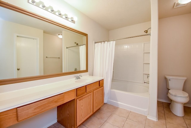 2715 Trinity Glen Ln, Houston, TX 77047 - bathroom featuring tile patterned floors, shower / tub combo with curtain, and vanity