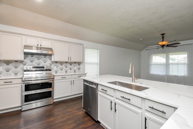 2715 Trinity Glen Ln, Houston, TX 77047 - kitchen with stainless steel appliances, under cabinet range hood, lofted ceiling, decorative backsplash, and light stone counters