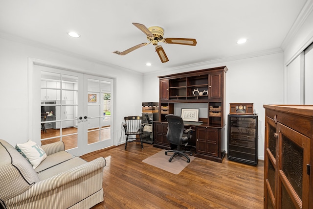 12215 Cobblestone Dr, Houston, TX 77024 - office space featuring beverage cooler, french doors, crown molding, dark wood-type flooring, and ceiling fan