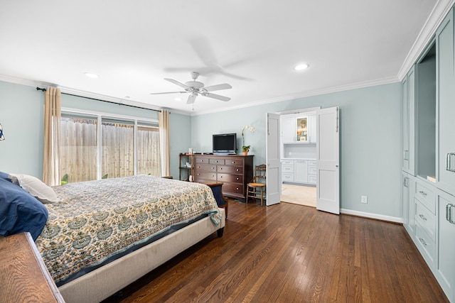 12215 Cobblestone Dr, Houston, TX 77024 - bedroom featuring dark wood finished floors, recessed lighting, crown molding, connected bathroom, and a ceiling fan