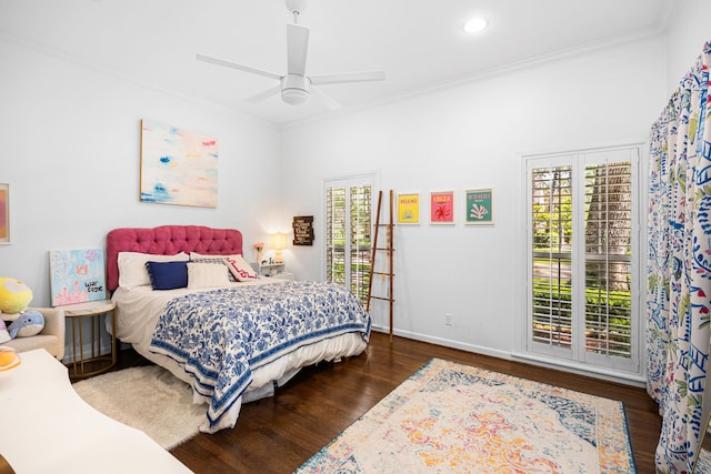 12215 Cobblestone Dr, Houston, TX 77024 - bedroom featuring multiple windows, wood finished floors, ornamental molding, a ceiling fan, and recessed lighting