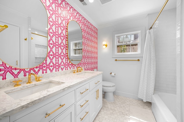 12215 Cobblestone Dr, Houston, TX 77024 - full bathroom featuring double vanity, crown molding, and shower / bath combo with shower curtain