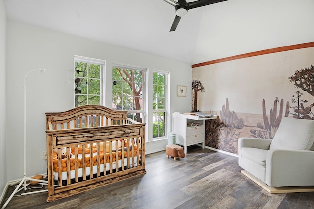 13015 Barkley Bend Ln, Houston, TX 77044 - bedroom featuring wood finished floors, high vaulted ceiling, and a ceiling fan