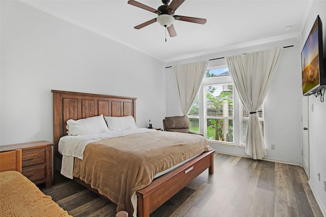 13015 Barkley Bend Ln, Houston, TX 77044 - bedroom featuring crown molding, dark wood-style floors, and ceiling fan