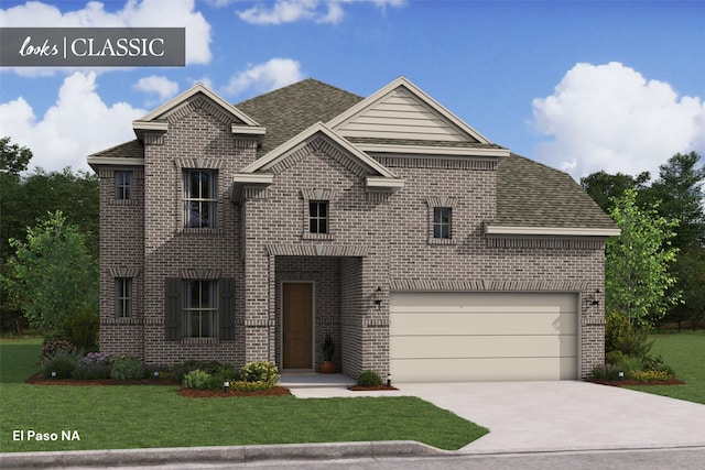 21218 Blue Bluff Dr, Cypress, TX 77433 - view of front facade with brick siding, driveway, a front lawn, and roof with shingles
