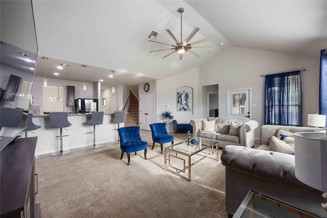 3218 Camelia Chase Ct, Spring, TX 77373 - living room with a ceiling fan, stairway, high vaulted ceiling, and recessed lighting