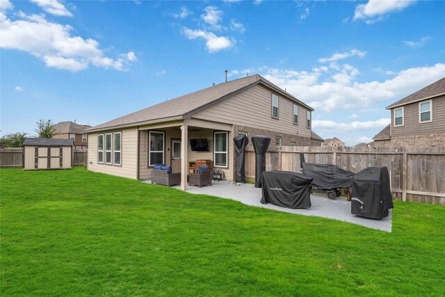 3218 Camelia Chase Ct, Spring, TX 77373 - back of house featuring a patio, a fenced backyard, a storage shed, and outdoor lounge area
