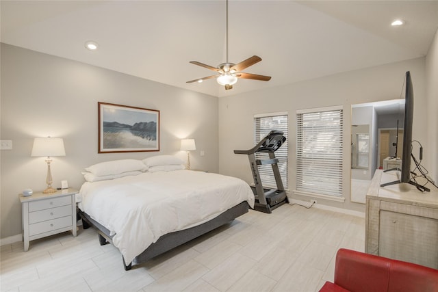 6510 Preston Trail Dr, Houston, TX 77069 - bedroom with a ceiling fan, vaulted ceiling, and recessed lighting