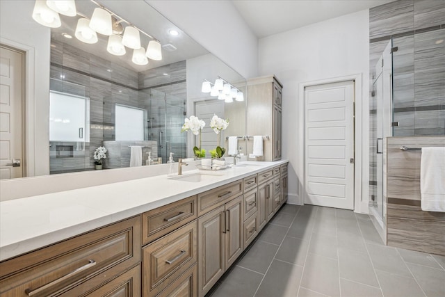 4615 Verone St, Bellaire, TX 77401 - full bath with double vanity, a shower stall, and tile patterned floors