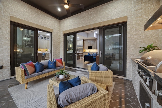 4615 Verone St, Bellaire, TX 77401 - view of patio / terrace featuring ceiling fan, an outdoor hangout area, and grilling area