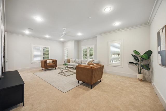 4615 Verone St, Bellaire, TX 77401 - living area featuring carpet, ceiling fan, crown molding, and recessed lighting