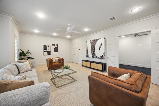 4615 Verone St, Bellaire, TX 77401 - living room with a ceiling fan, crown molding, carpet floors, and recessed lighting