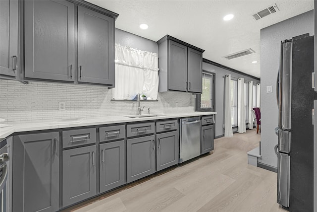 17103 Scuttle Way, Crosby, TX 77532 - kitchen featuring appliances with stainless steel finishes, backsplash, light wood-style floors, gray cabinetry, and recessed lighting