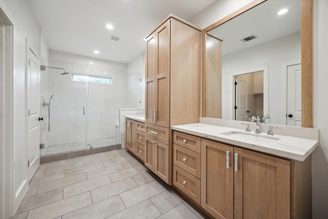 2218 Gardenia Dr, Houston, TX 77018 - bathroom with vanity, a shower stall, recessed lighting, and tile patterned flooring