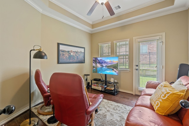 111 Bessie Price Owen Dr, Montgomery, TX 77356 - home office with wood finished floors, crown molding, a ceiling fan, and a tray ceiling