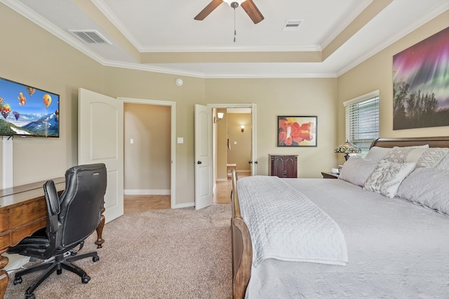 111 Bessie Price Owen Dr, Montgomery, TX 77356 - bedroom with a raised ceiling, light carpet, ornamental molding, an office area, and a ceiling fan