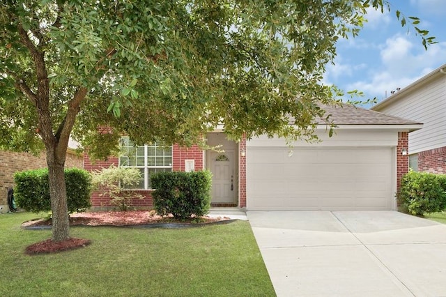 15806 Marble Bluff Ln, Houston, TX 77049 - obstructed view of property with brick siding, a garage, concrete driveway, a front yard, and a shingled roof