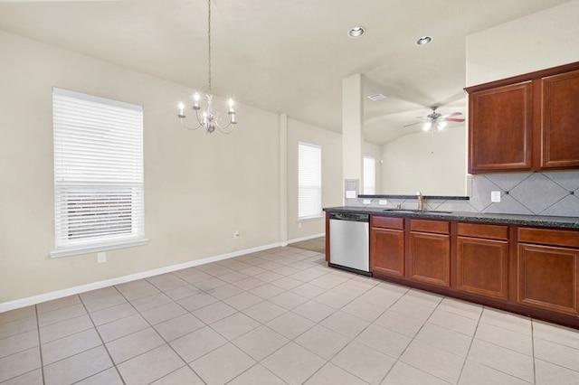 15806 Marble Bluff Ln, Houston, TX 77049 - kitchen featuring stainless steel dishwasher, a chandelier, a ceiling fan, tasteful backsplash, and vaulted ceiling