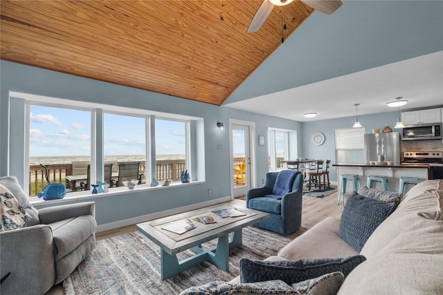 21446 Gulf Dr, Galveston, TX 77554 - living room with light wood-type flooring, healthy amount of natural light, ceiling fan, wooden ceiling, and high vaulted ceiling