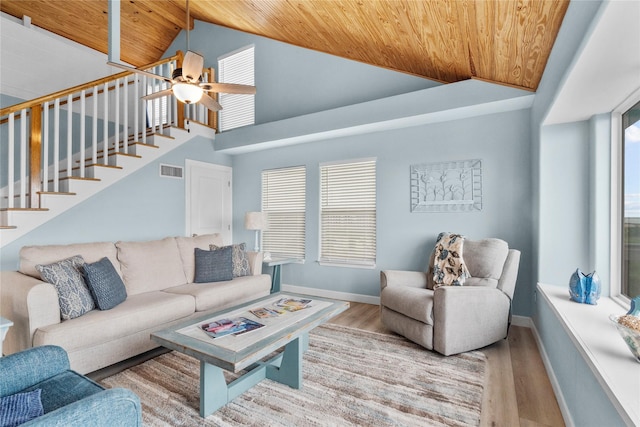 21446 Gulf Dr, Galveston, TX 77554 - living room featuring wooden ceiling, vaulted ceiling, ceiling fan, wood finished floors, and stairs