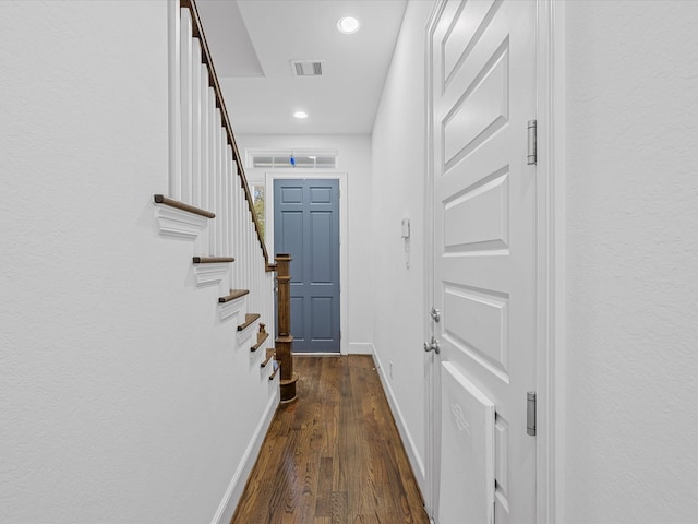 1110 W 12th St, Houston, TX 77008 - doorway to outside with dark wood finished floors, recessed lighting, and stairs