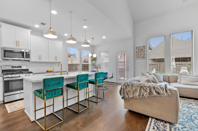 2824 Jehlon Ln, Conroe, TX 77385 - kitchen with stainless steel appliances, dark wood-style floors, a kitchen island with sink, open floor plan, and light countertops
