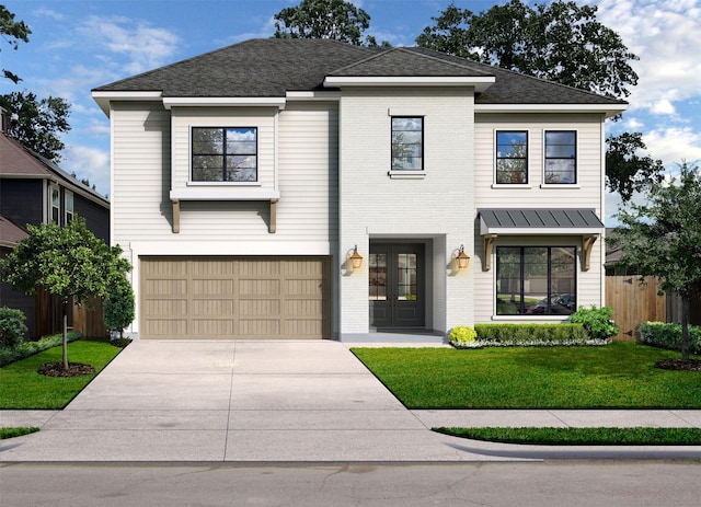 1514 Chantilly Ln, Houston, TX 77018 - modern farmhouse with a garage, driveway, brick siding, french doors, and a standing seam roof
