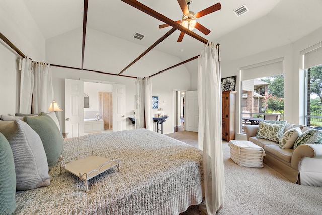 18331 Chapmans Count Rd, Cypress, TX 77433 - bedroom featuring high vaulted ceiling, carpet, ensuite bath, and ceiling fan