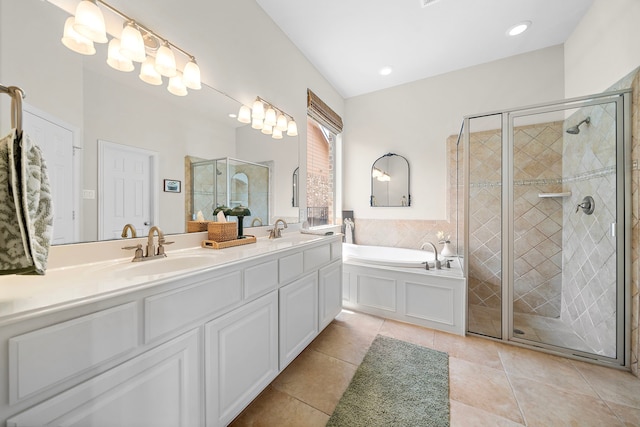 18331 Chapmans Count Rd, Cypress, TX 77433 - bathroom with double vanity, a stall shower, a garden tub, and tile patterned flooring