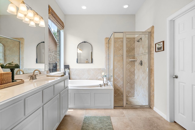 18331 Chapmans Count Rd, Cypress, TX 77433 - full bath with a bath, vanity, a shower stall, and tile patterned floors