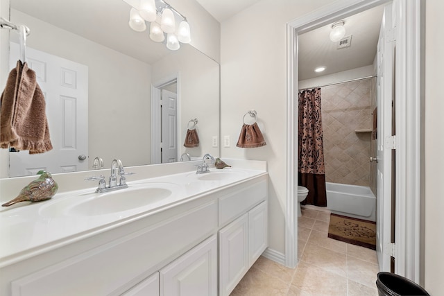 18331 Chapmans Count Rd, Cypress, TX 77433 - full bath with double vanity, tile patterned floors, and shower / bath combo with shower curtain
