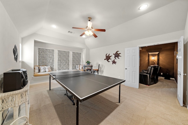 18331 Chapmans Count Rd, Cypress, TX 77433 - game room featuring vaulted ceiling, light colored carpet, ceiling fan, and recessed lighting