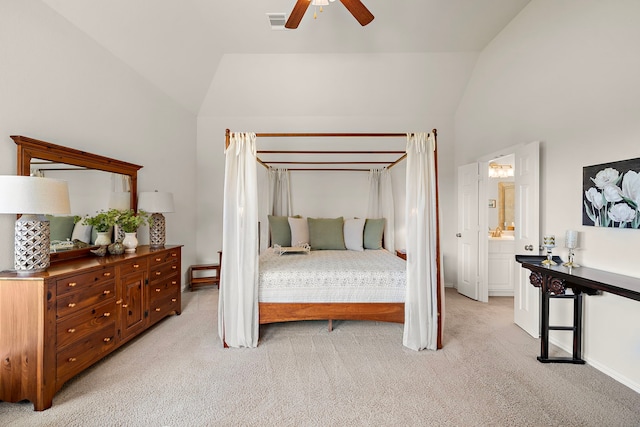 18331 Chapmans Count Rd, Cypress, TX 77433 - bedroom with light colored carpet, ceiling fan, and high vaulted ceiling