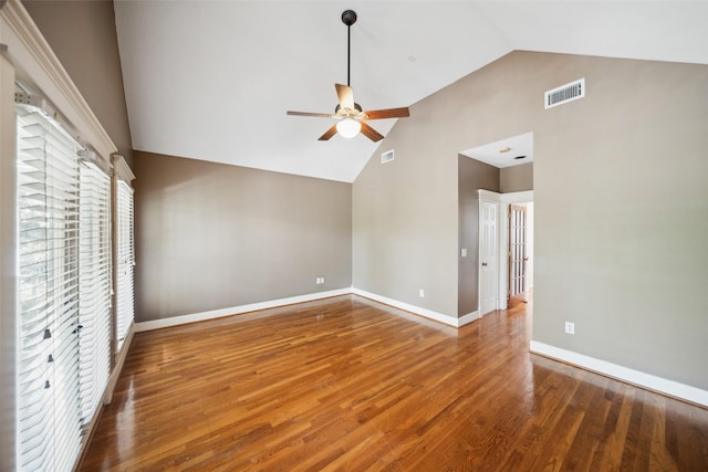 606 E 27th St, Houston, TX 77008 - unfurnished bedroom with wood finished floors, high vaulted ceiling, and ceiling fan