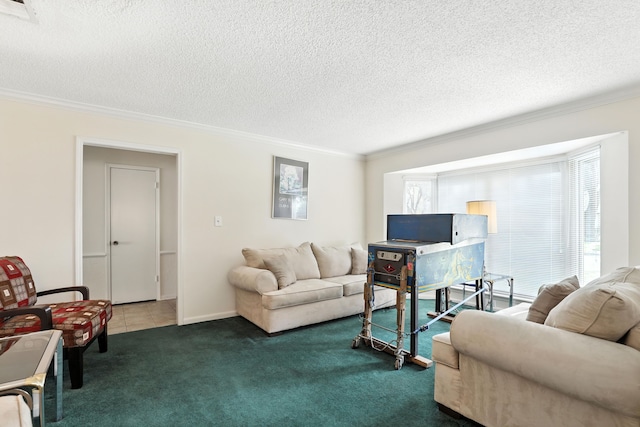 2910 Riata Ln, Houston, TX 77043 - living room with crown molding, carpet flooring, and a textured ceiling