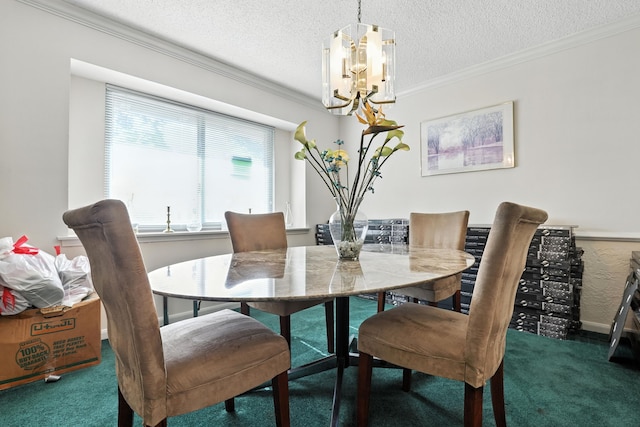 2910 Riata Ln, Houston, TX 77043 - carpeted dining space featuring a chandelier, ornamental molding, and a textured ceiling