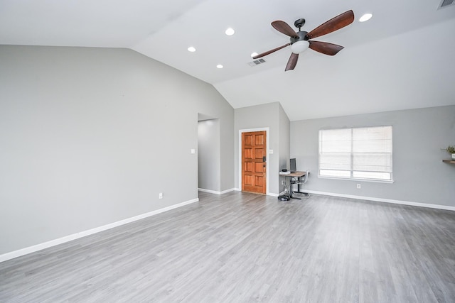 19923 Ricewood Way, Katy, TX 77449 - unfurnished living room with lofted ceiling, ceiling fan, recessed lighting, an office area, and wood finished floors